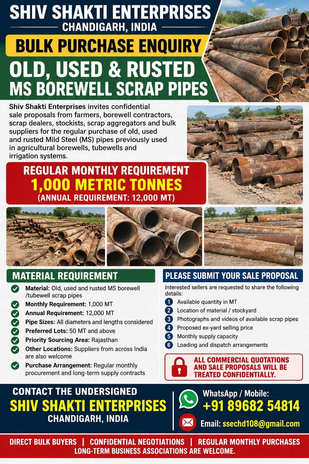 Bulk purchase enquiry for old, used and rusted MS borewell scrap pipes — 1,000 MT per month
